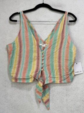 O'Neill Tank Top Womens Medium Multicolor Striped Button Tie Front Cropped New